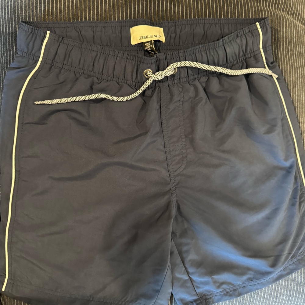 Navy Swim Trunks with Contrast Piping